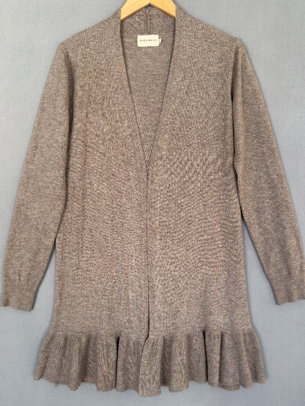 Dreamers by Debut Women's Ruffled Knit Cardigan Medium Taupe Open Front Feminine - Picture 1 of 14